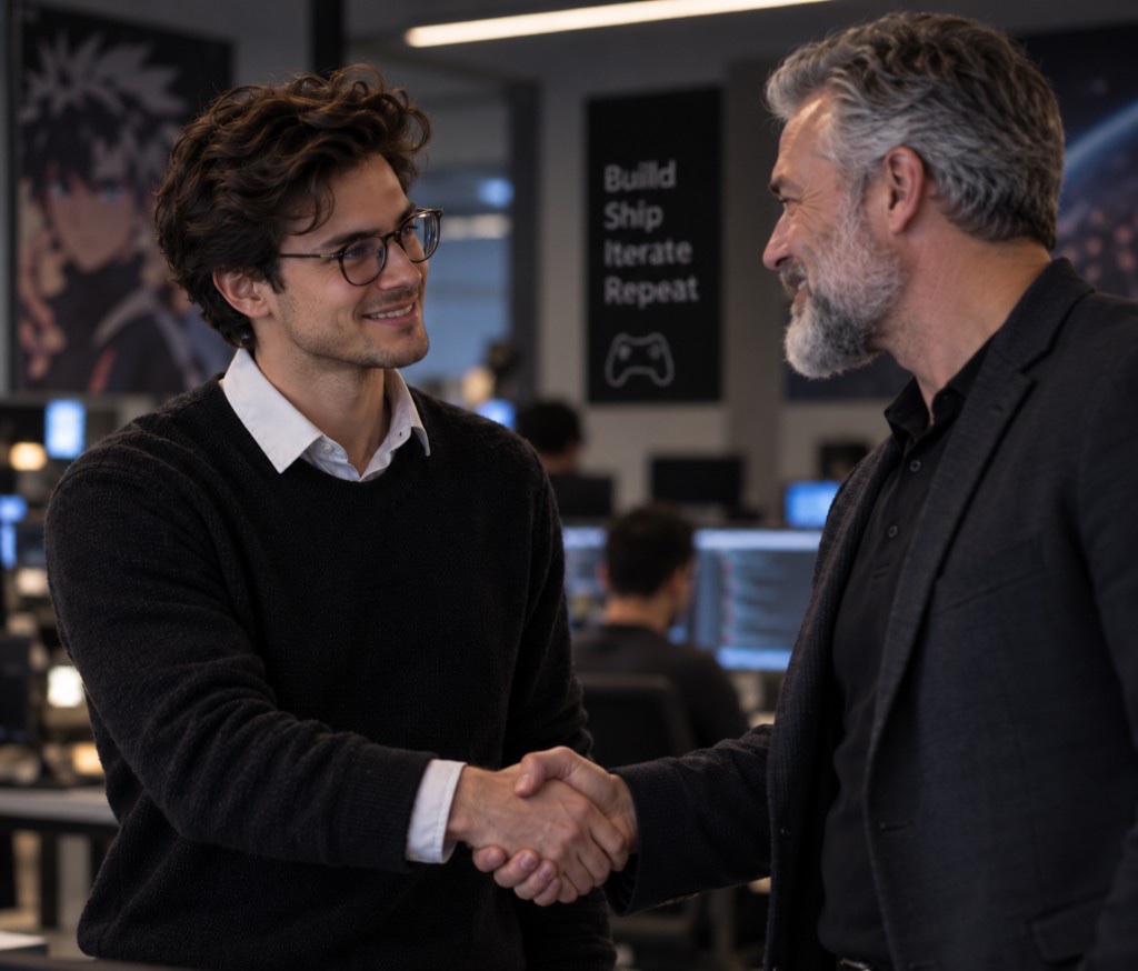 A graduate and a working engineer shaking hands in the studio.